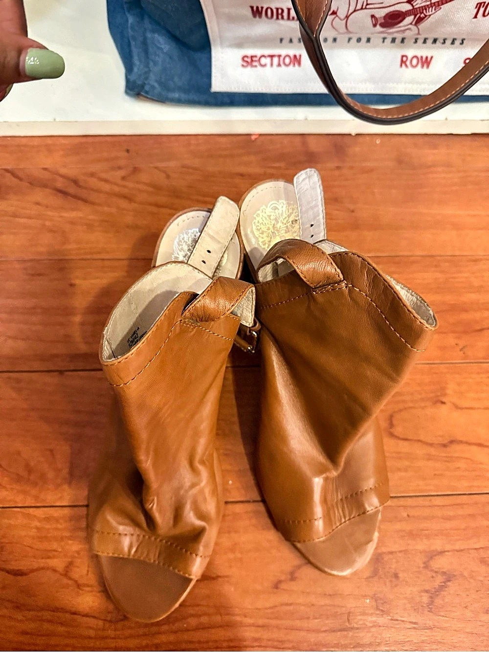 Vince Camuto Cortina Open Toe Bootie Brown Heels
